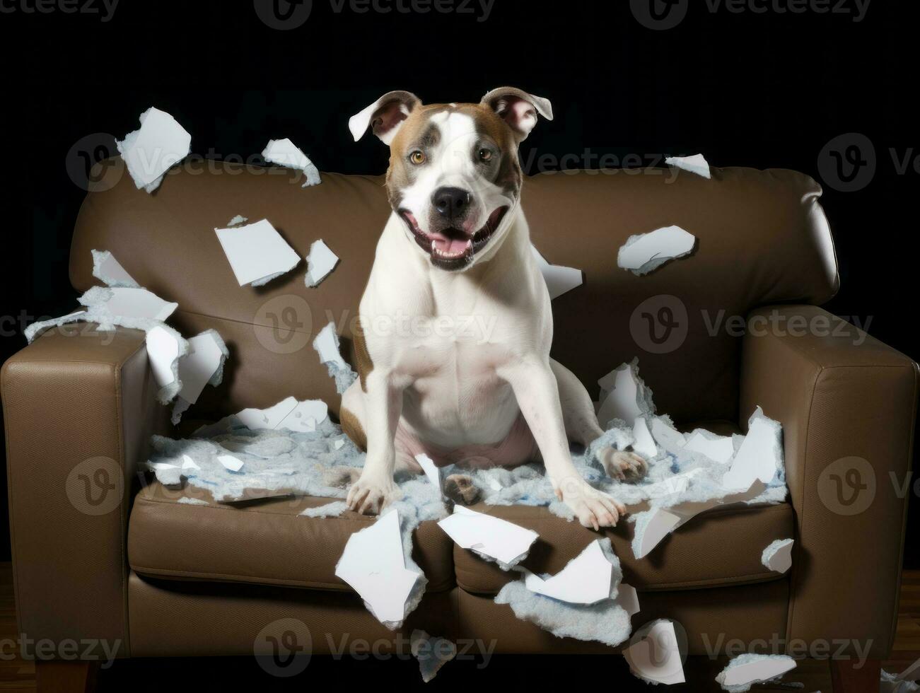 chien avec une malicieux expression entouré par déchiré oreillers ai génératif photo