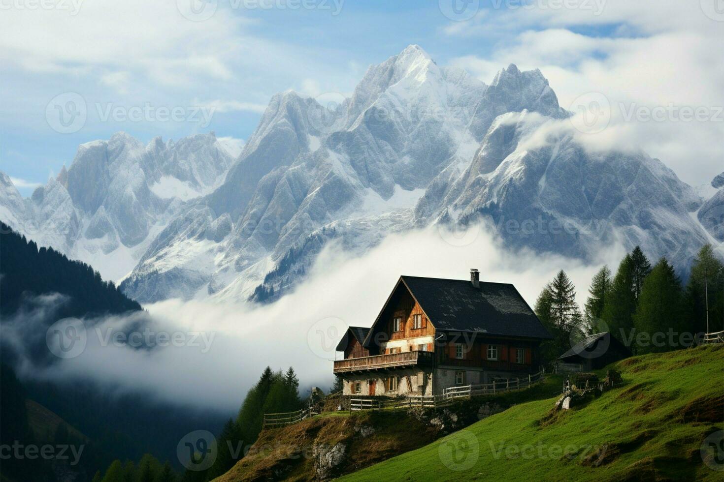 brouillard habillé Dachstein, une toile de fond à idyllique alpin village Maisons ai généré photo