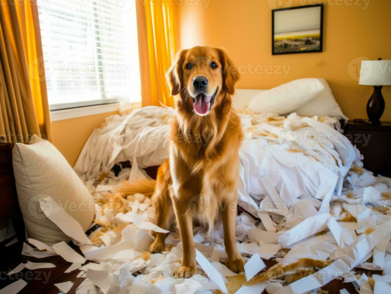 chien avec une malicieux expression entouré par déchiré oreillers ai génératif photo