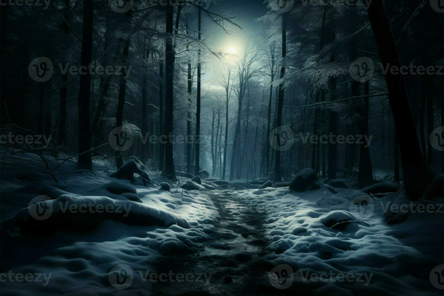 mystérieux beauté prospère dans le tranquille hiver forêt en dessous de le nuit ai généré photo