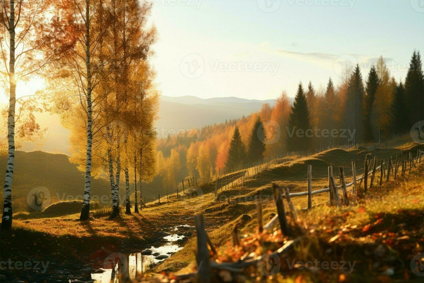 une serein l'automne paysage avec une Soleil embrassé bouleau forêt toile de fond ai généré photo