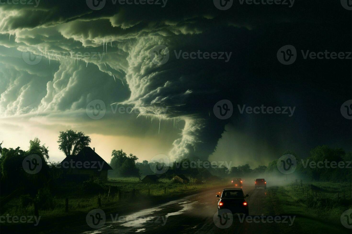 une sinistre tornade porter nuage descend sur le sans méfiance village ai généré photo