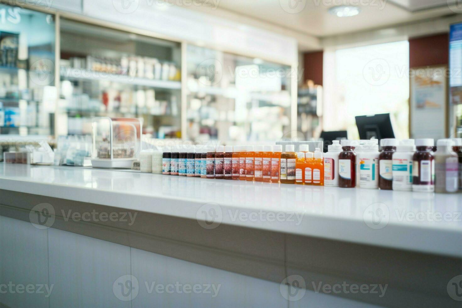 pharmacie comptoir, bien approvisionné avec médicaments, portion soins de santé Besoins efficacement ai généré photo