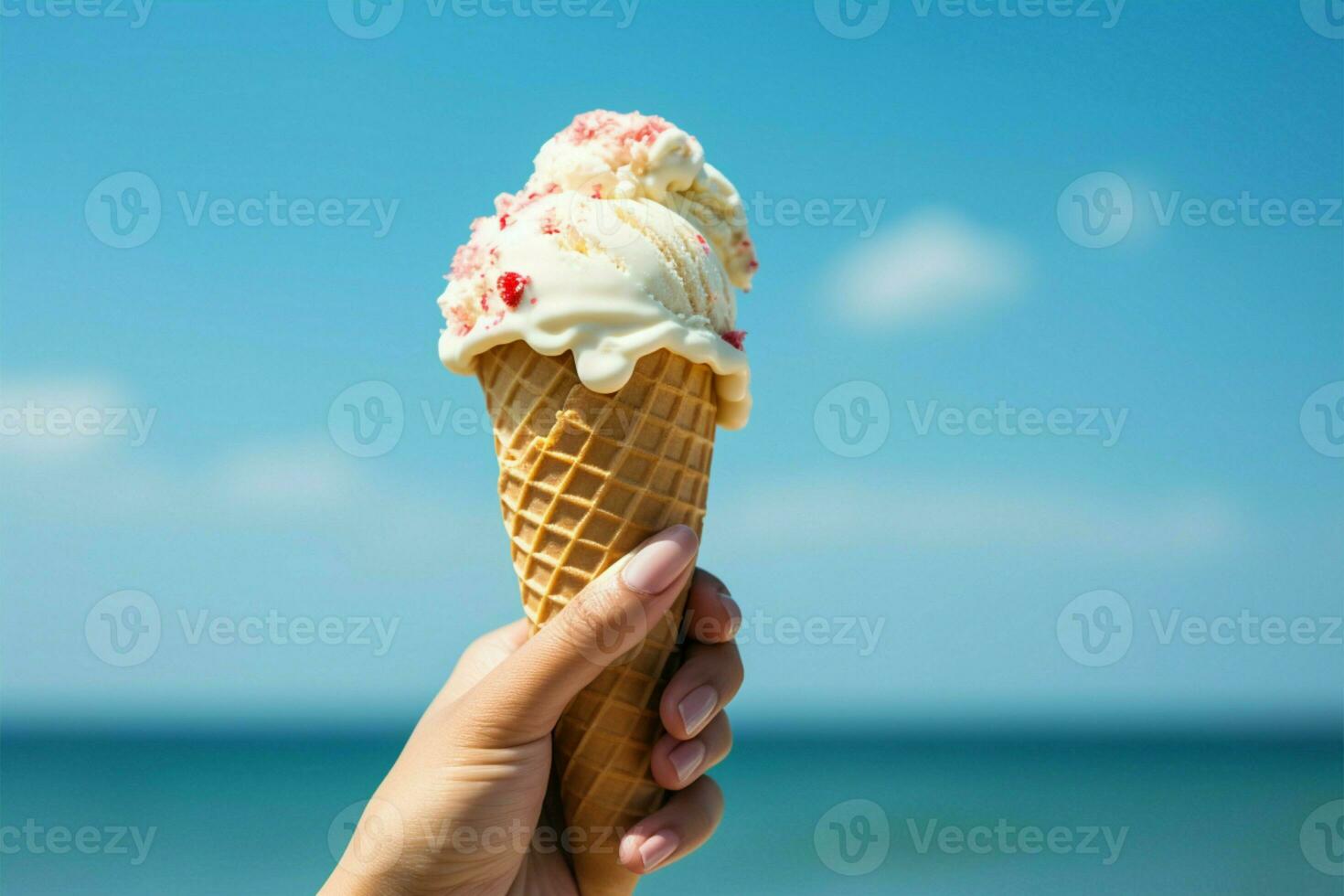 en portant un la glace crème cône en haut, ensemble contre une azuré toile de fond ai généré photo