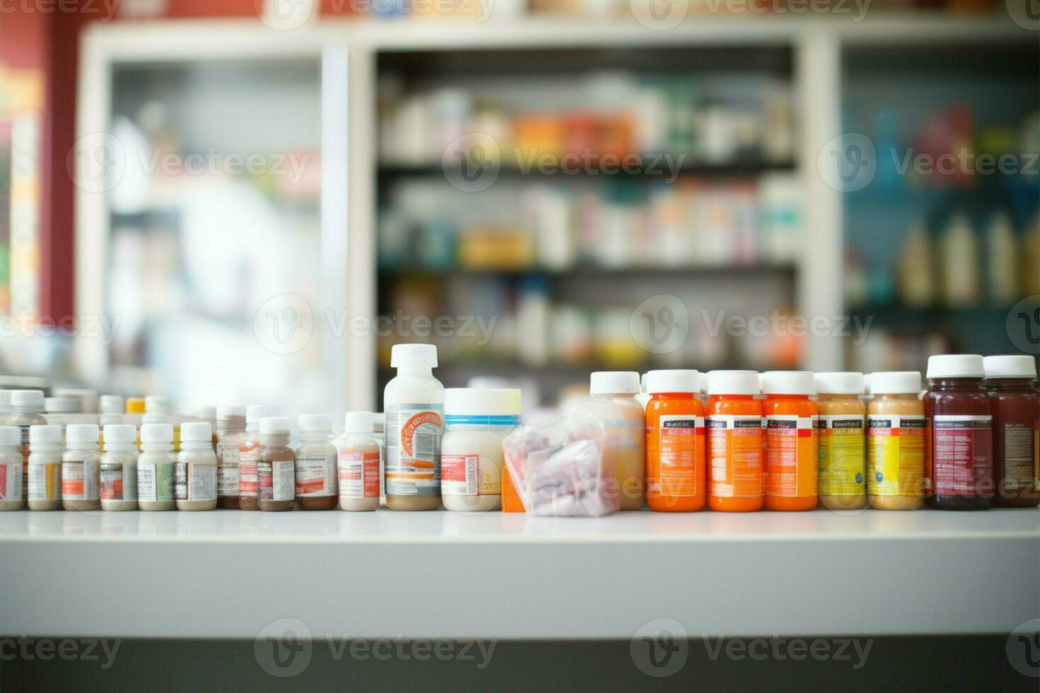 médicaments sur étagères, focal point de le animé pharmacie boutique compteur ai généré photo