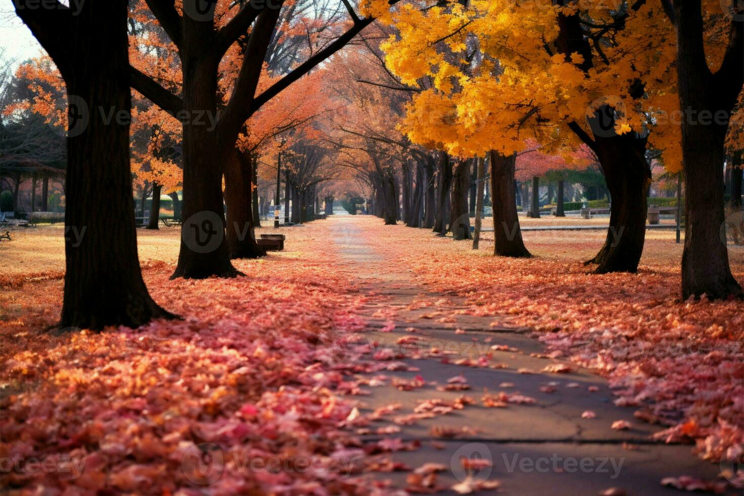 érable feuilles gracieusement couverture le parc chemin dans vibrant l'automne teintes ai généré photo