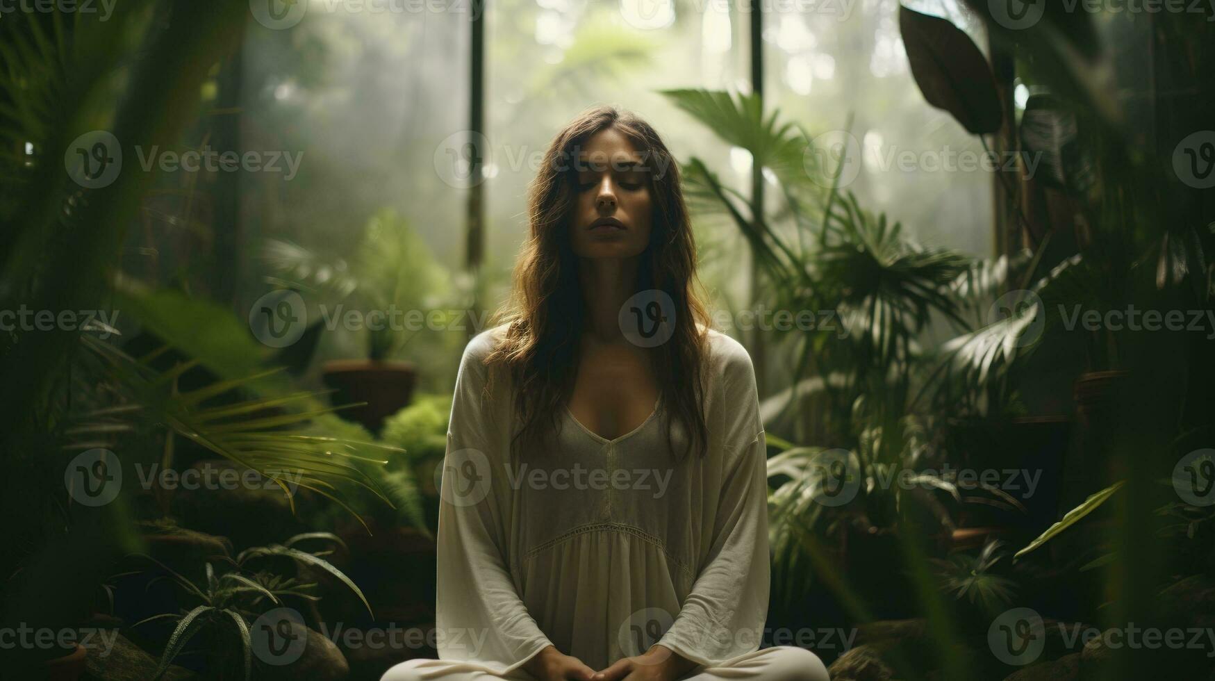 génératif ai, femme Faire méditation, esthétique en sourdine beige couleurs photo