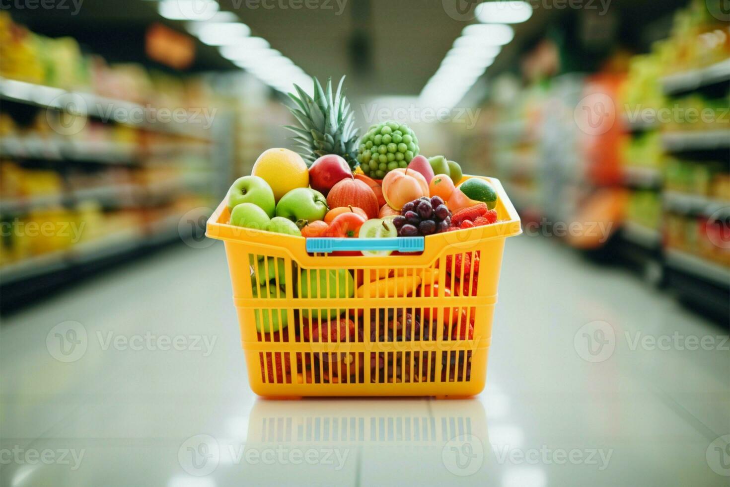 flou épicerie boutique toile de fond, avec une débordant achats panier ai généré photo