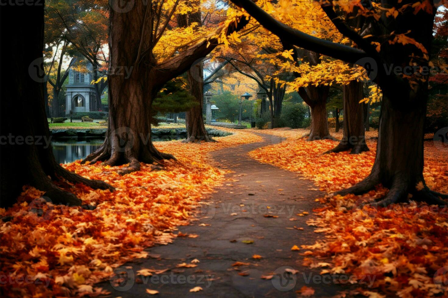 automnes la magie une parc chemin, jonché avec vif érable feuilles ai généré photo