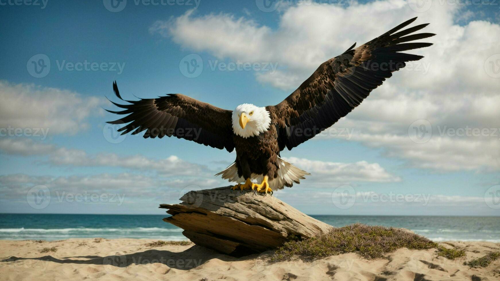 une magnifique été journée avec bleu ciel et une seul de Steller mer Aigle plus de le plage ai génératif photo