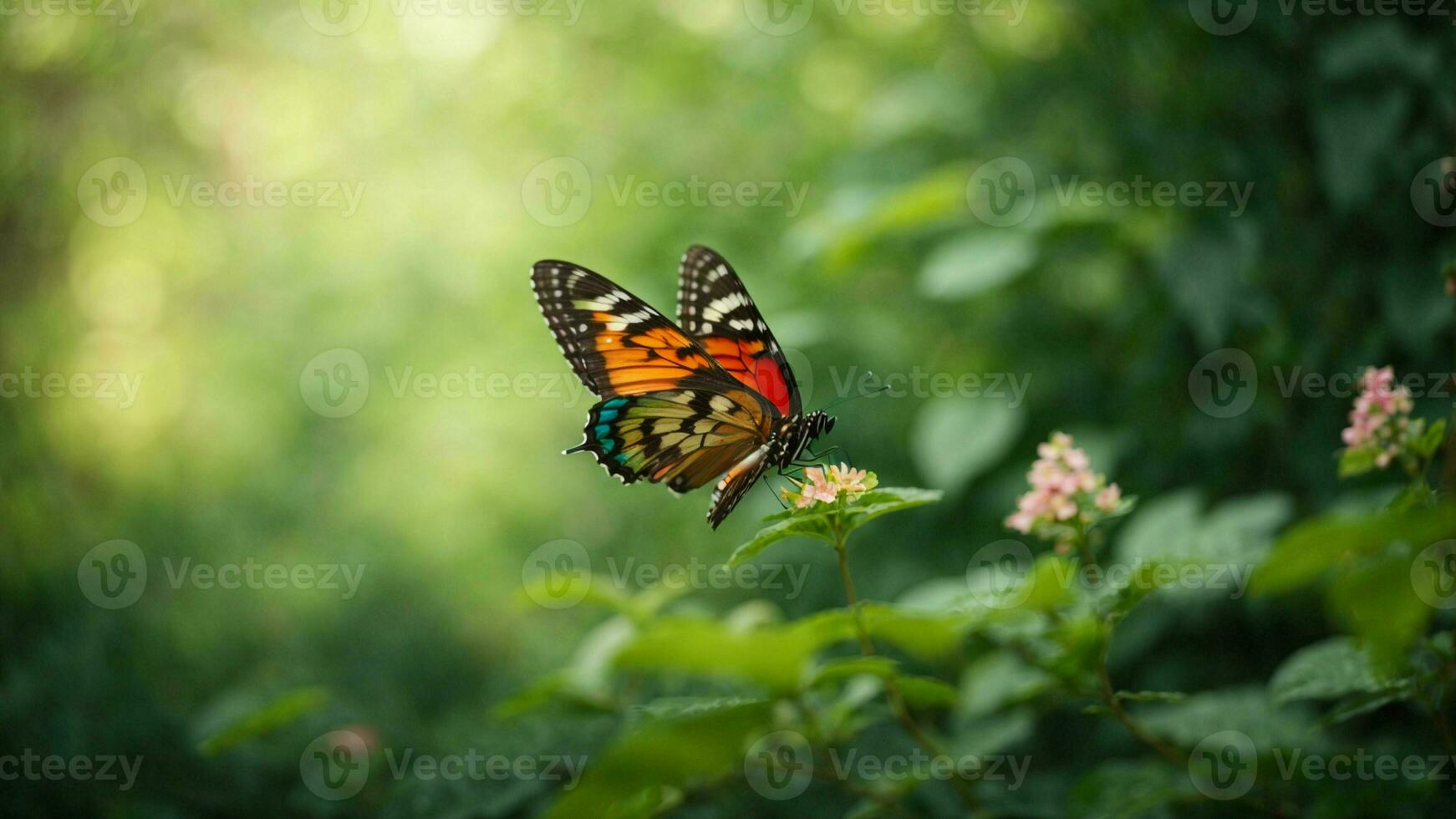 la nature Contexte avec une magnifique en volant papillon avec vert forêt ai génératif photo