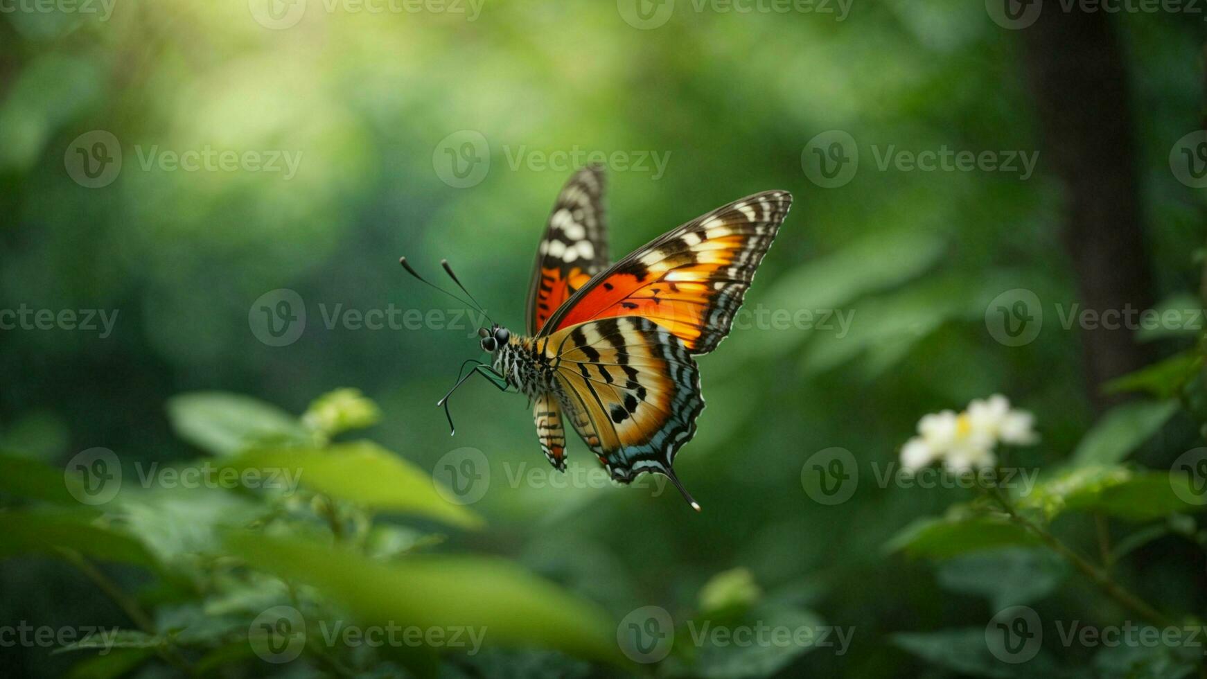 la nature Contexte avec une magnifique en volant papillon avec vert forêt ai génératif photo