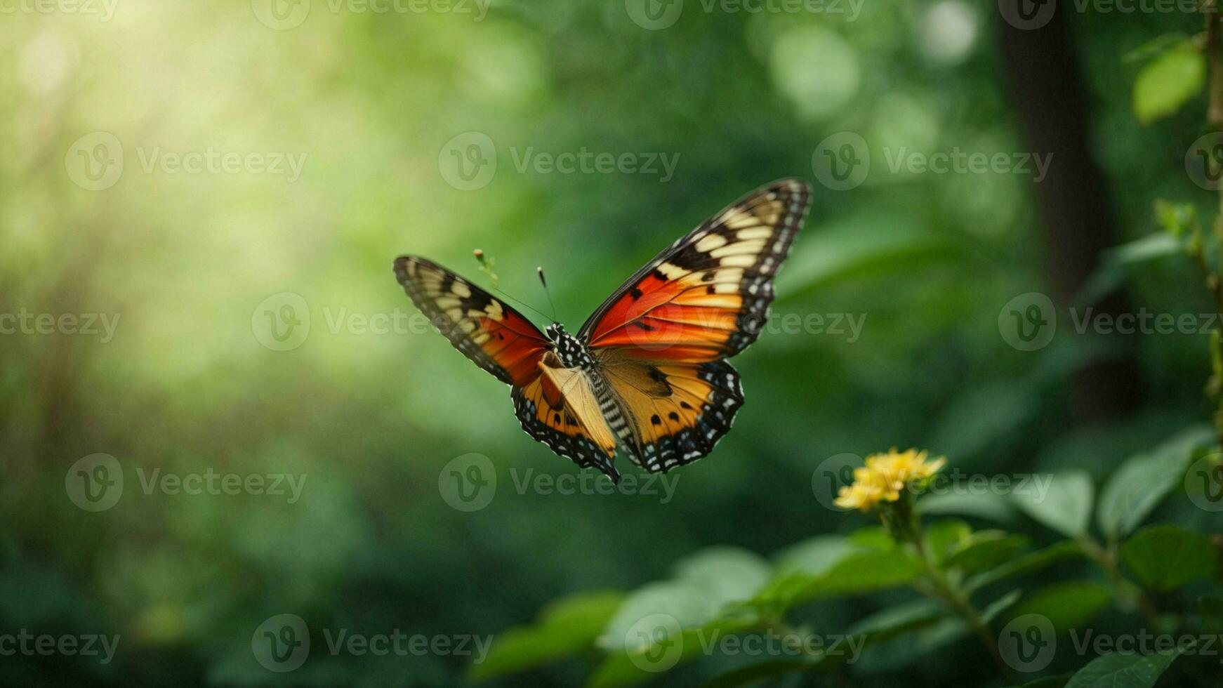 la nature Contexte avec une magnifique en volant papillon avec vert forêt ai génératif photo