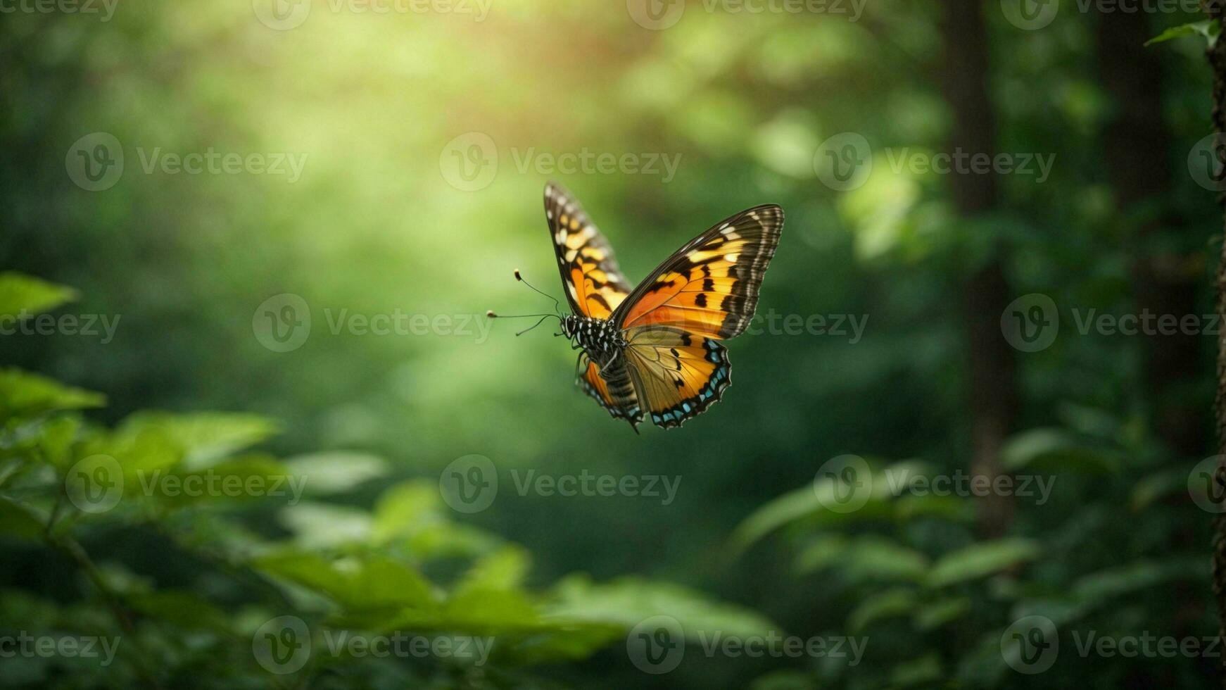 la nature Contexte avec une magnifique en volant papillon avec vert forêt ai génératif photo