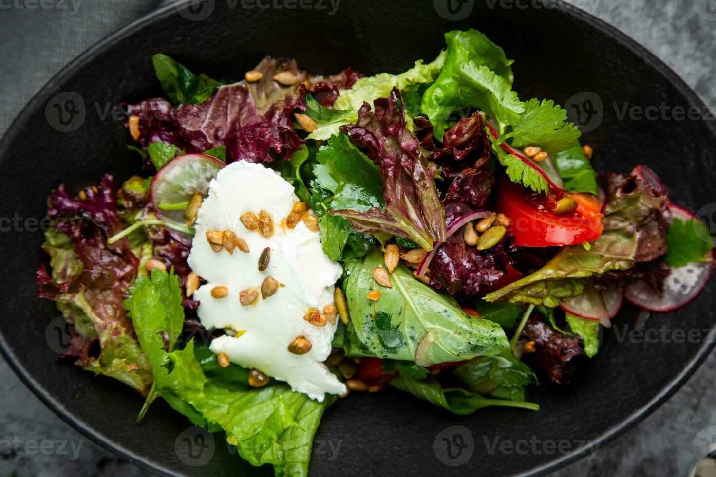 salade avec laitue, des radis, tomates, persil, des graines et fromage côté vue photo