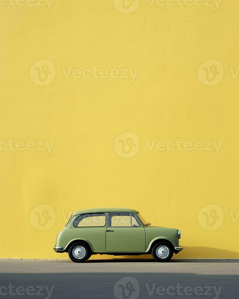 ai génératif rétro charme pastel vert voiture et ensoleillé Jaune mur photo