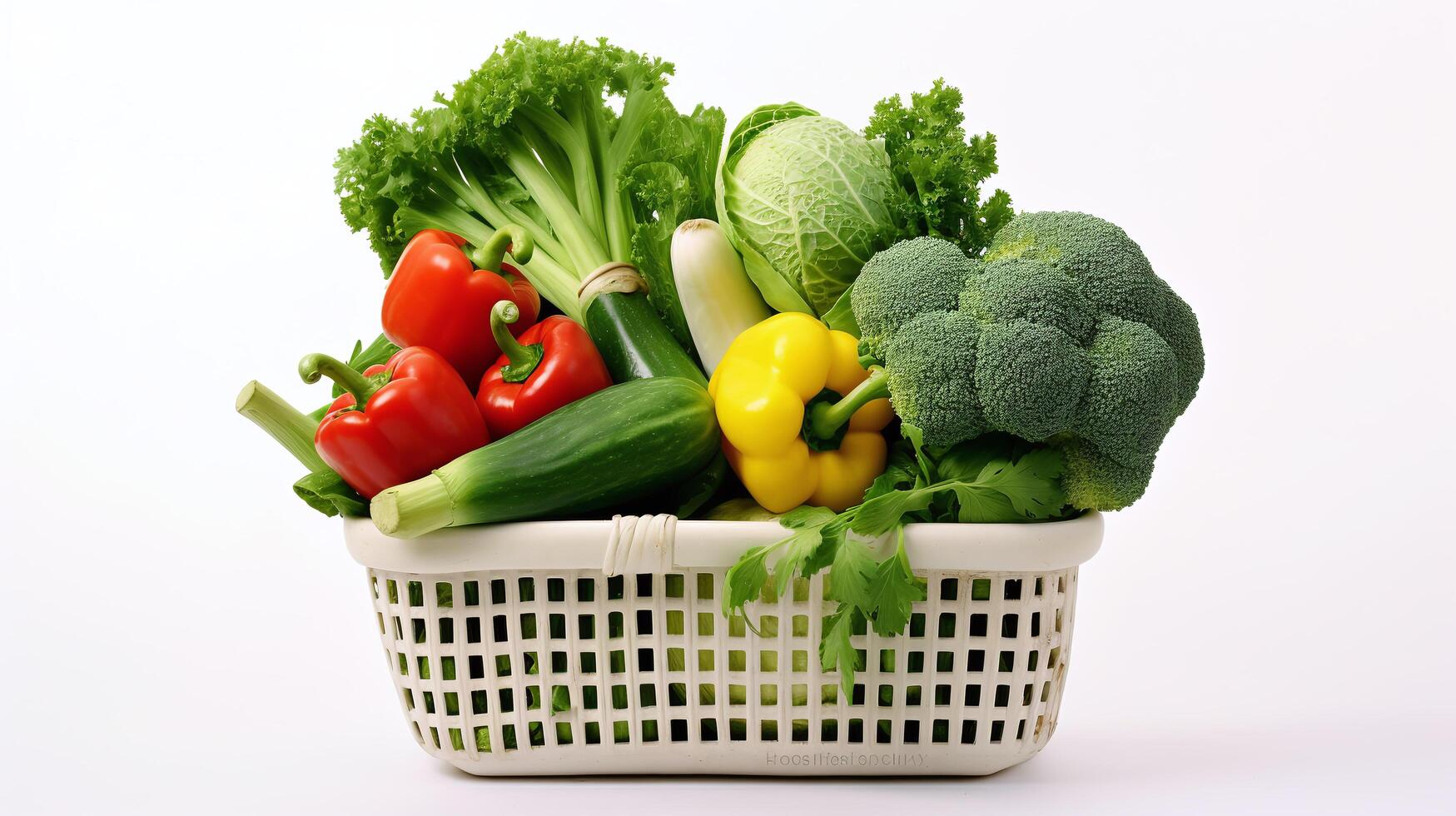 une blanc panier plein des légumes dans blanc Contexte photo