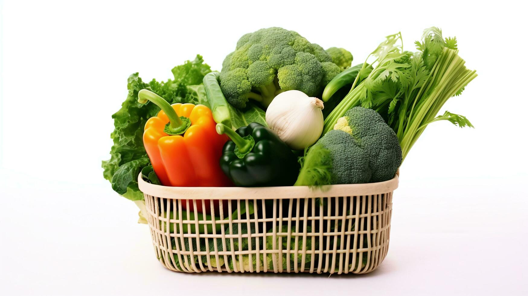 une blanc panier plein des légumes dans blanc Contexte photo