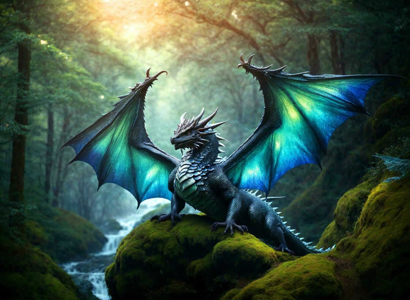 immerger toi même dans le mystique domaine de fantaisie comme vous décris le iridescent Balance et éthéré ailes de une majestueux dragon planant au dessus ancien, enchanté les forêts. photo