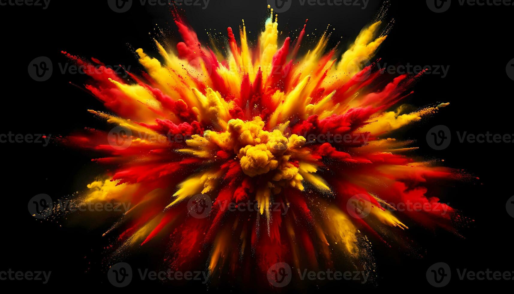 une dynamique et spectaculaire explosion de rouge et Jaune poudre sur une noir Contexte. ai généré photo