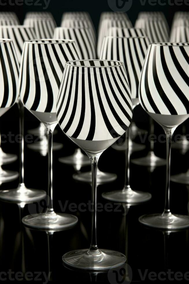 optique illusion de monochrome motifs dans du vin des lunettes en utilisant rayé décors capturé dans une palette de absolu noir pur blanc et niveaux de gris pente photo