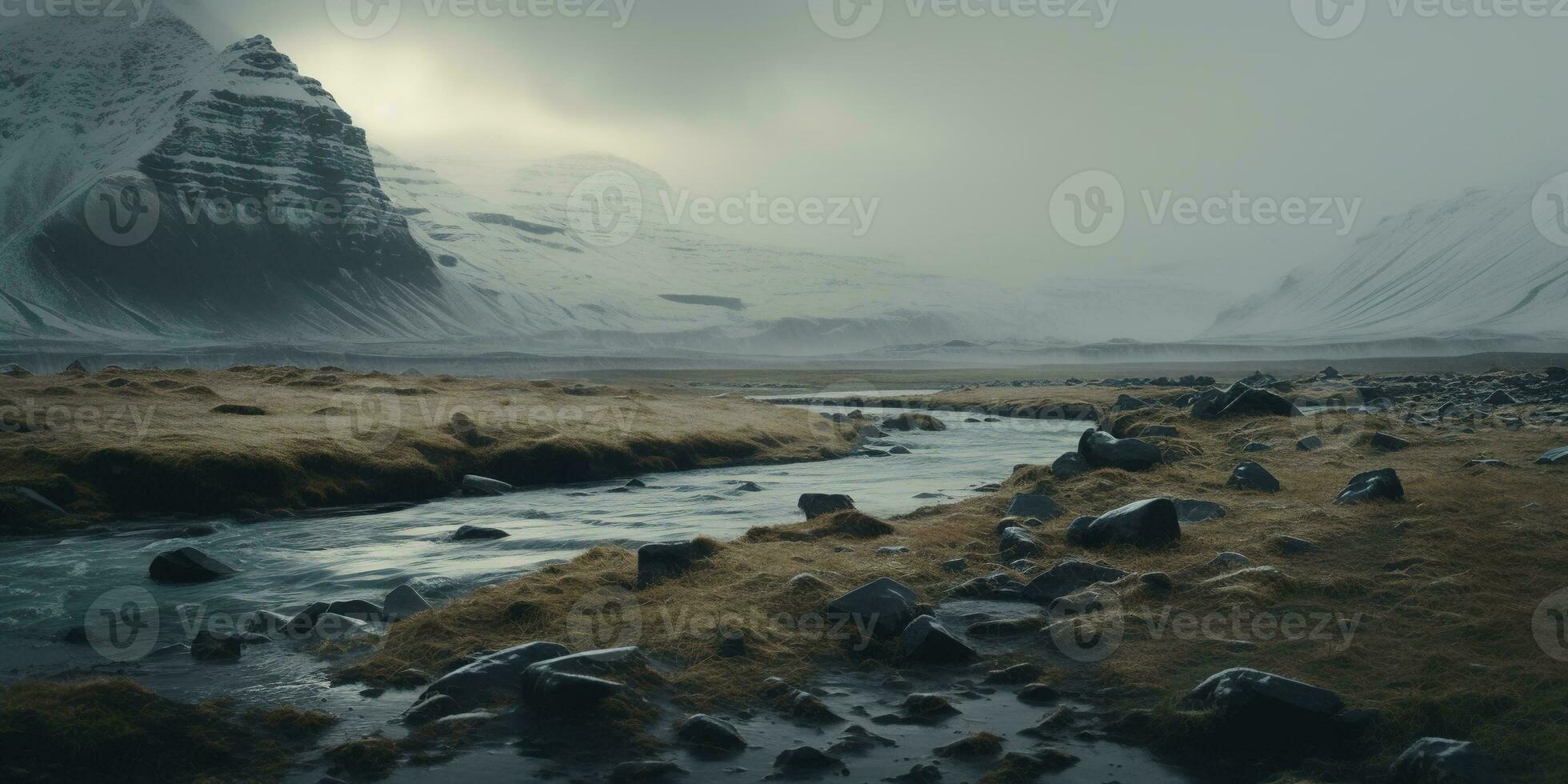 génératif ai, hiver esthétique paysage panorama, en sourdine neutre couleurs, forêt et montagnes. photo