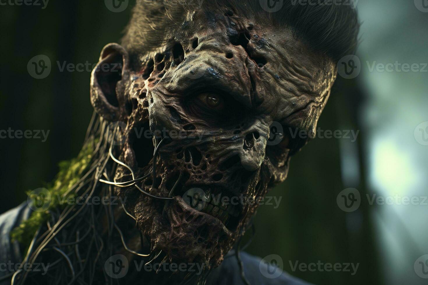 génératif ai, homme avec cordyceps croissance sur et en dehors de le sien visage et diriger, zombi photo