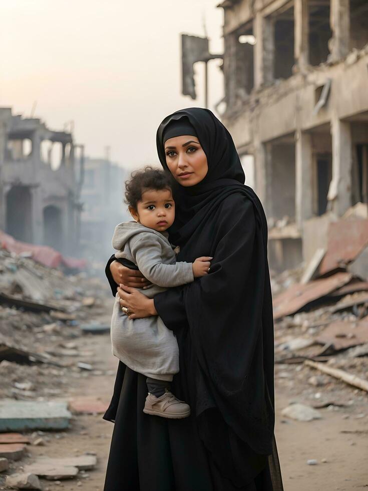 femmes et les enfants devenir victimes de guerre contre le toile de fond de une détruit ville, ai généré. photo