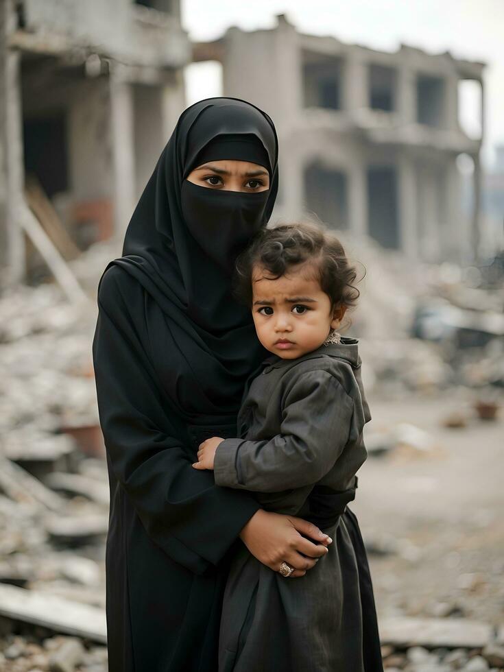 femmes et les enfants devenir victimes de guerre contre le toile de fond de une détruit ville, ai généré. photo