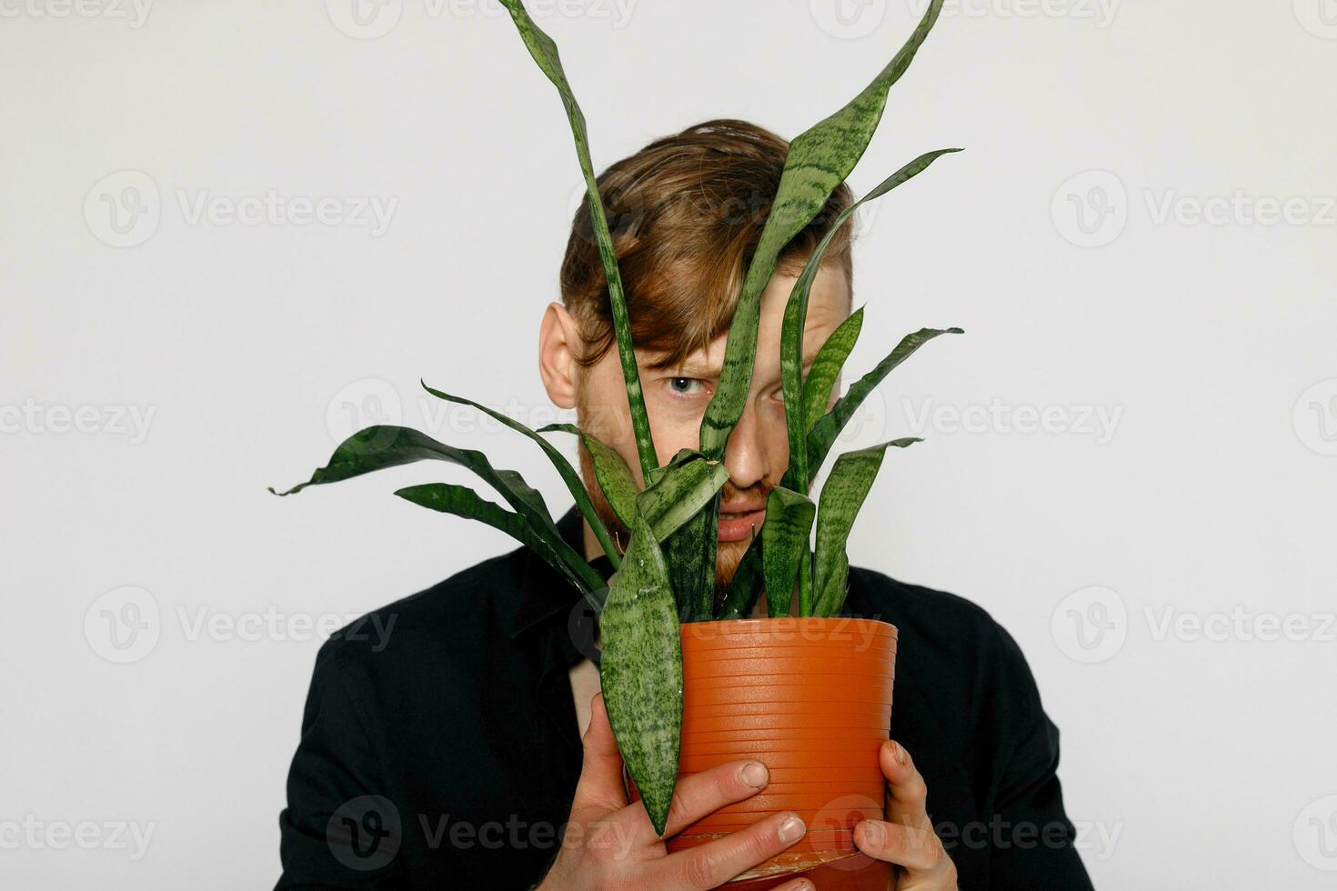 une Jeune souriant homme détient dans le sien mains une petit fleur photo