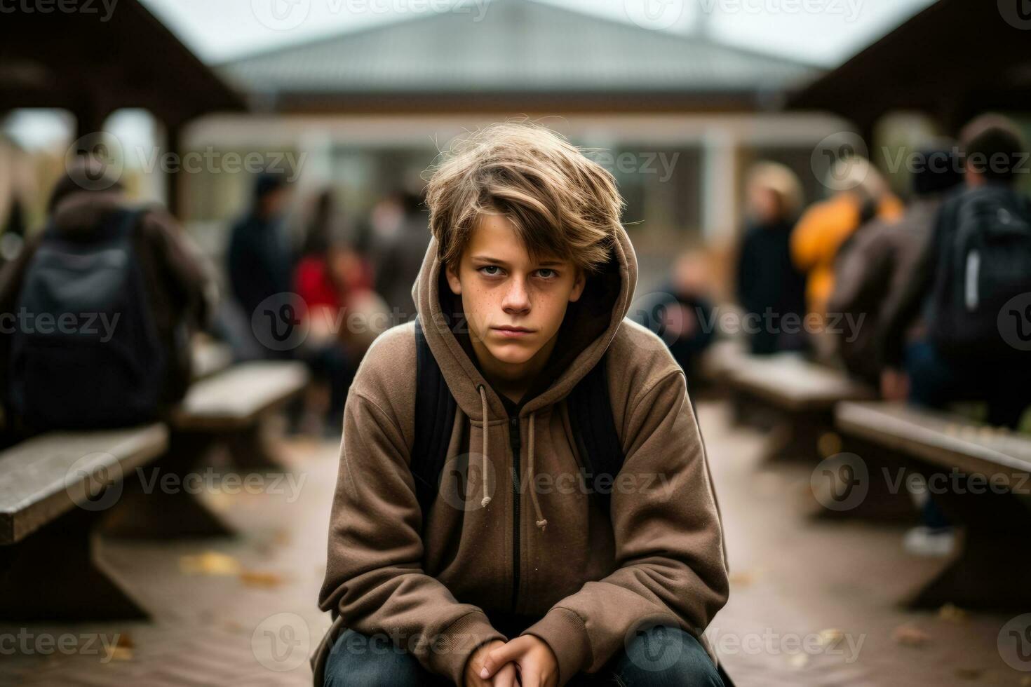 adolescent isolé affichage tristesse au milieu de animé école alentours photo