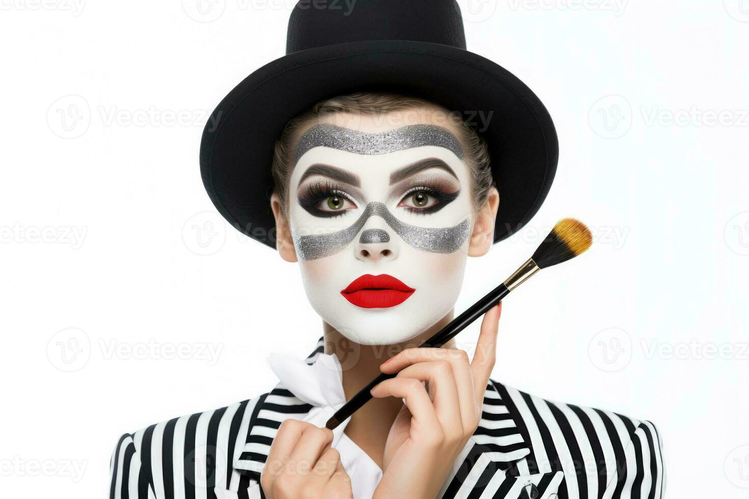 cirque artiste appliquant spectaculaire maquillage isolé sur une blanc Contexte photo