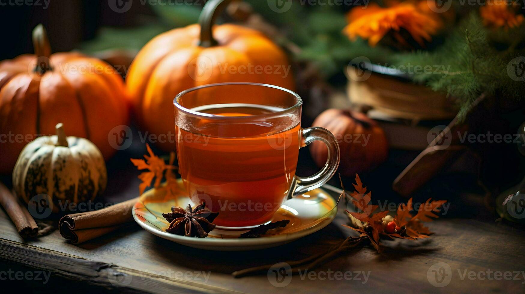 citrouille pimenter tasse de thé Stock photo, confortable l'heure du thé l'automne boire, génératif ai photo