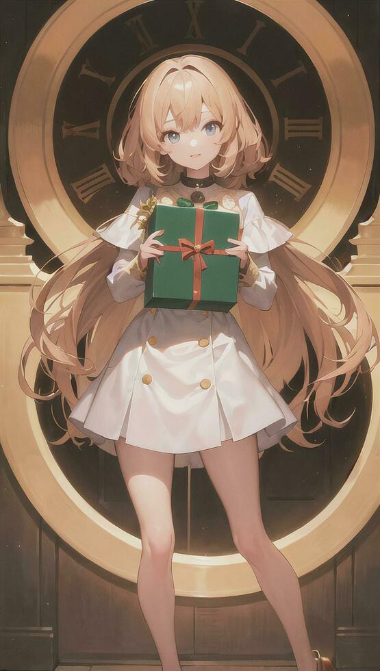 mignonne anime fille en portant présent cadeau pour de fête moment Noël temps photo