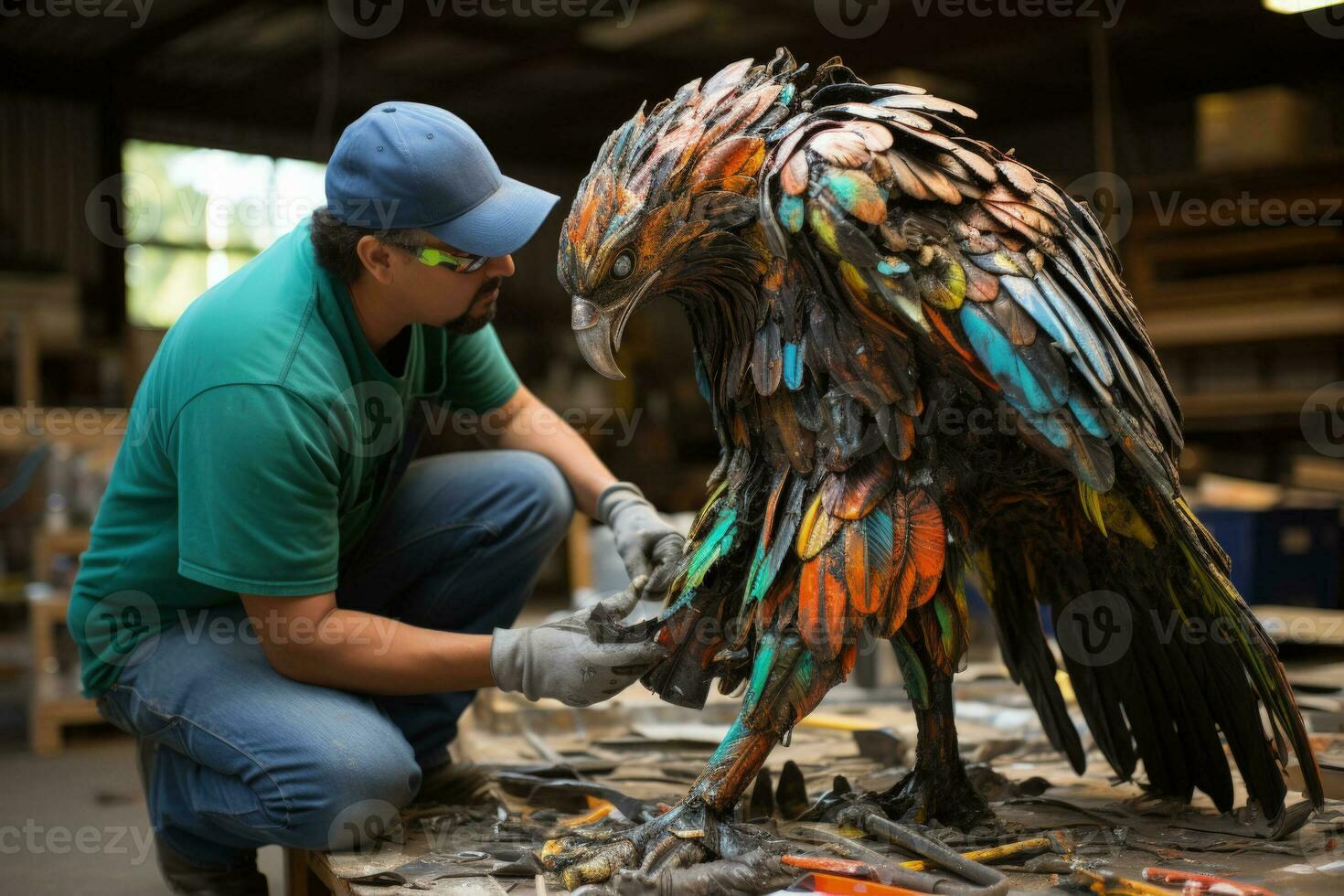 artiste sculpture frappant pièce de réutilisé poubelle mise en évidence environnement conscience photo