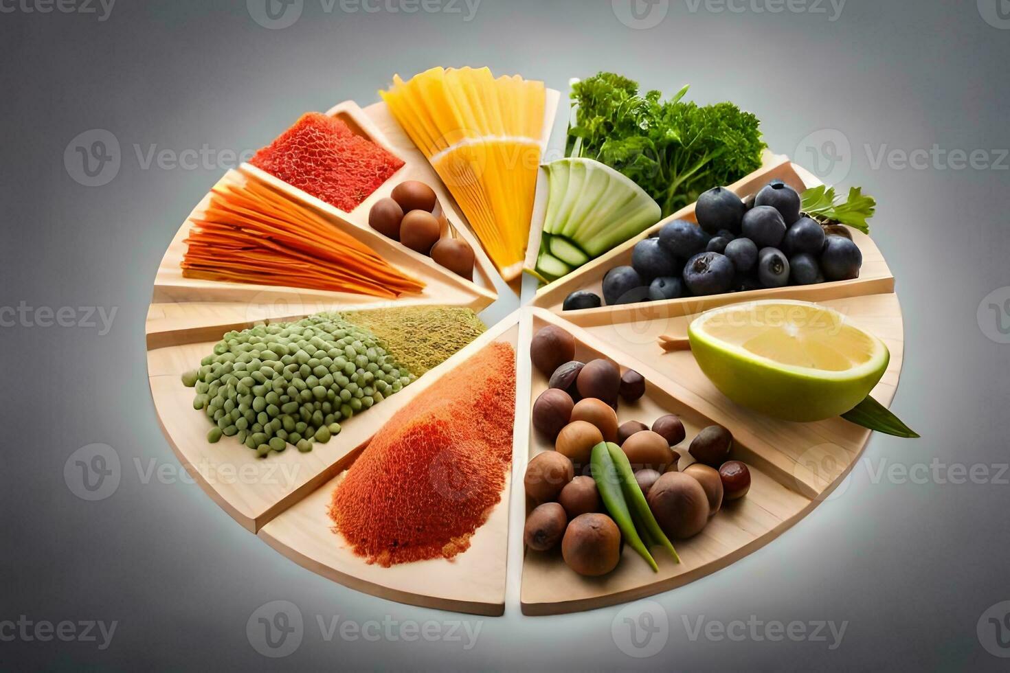 une assiette avec divers des fruits et des légumes arrangé dans une cercle. généré par ai photo