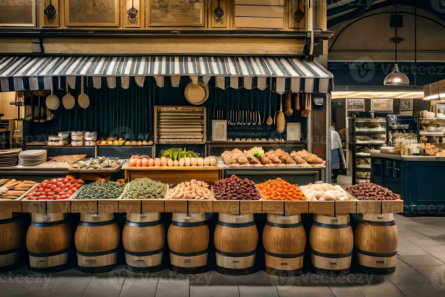 une marché avec en bois barils et des légumes. généré par ai photo