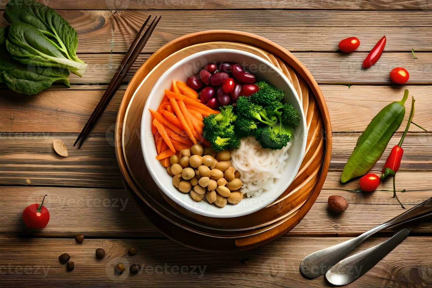 une bol de riz, des légumes et des haricots est sur une en bois tableau. généré par ai photo