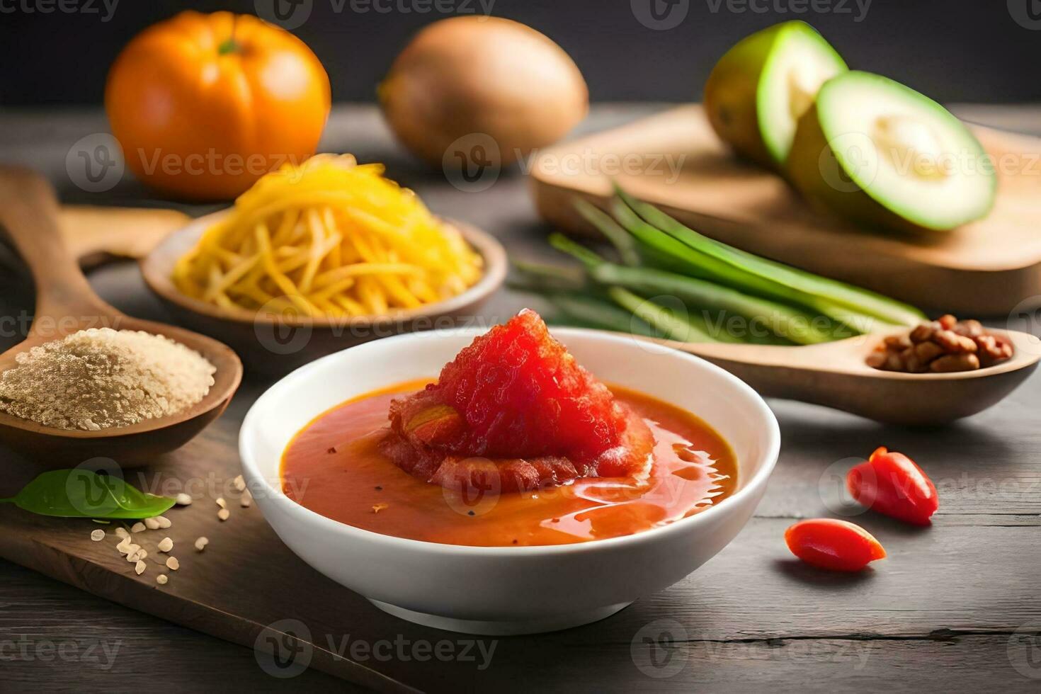 une bol de tomate soupe avec des légumes et épices. généré par ai photo