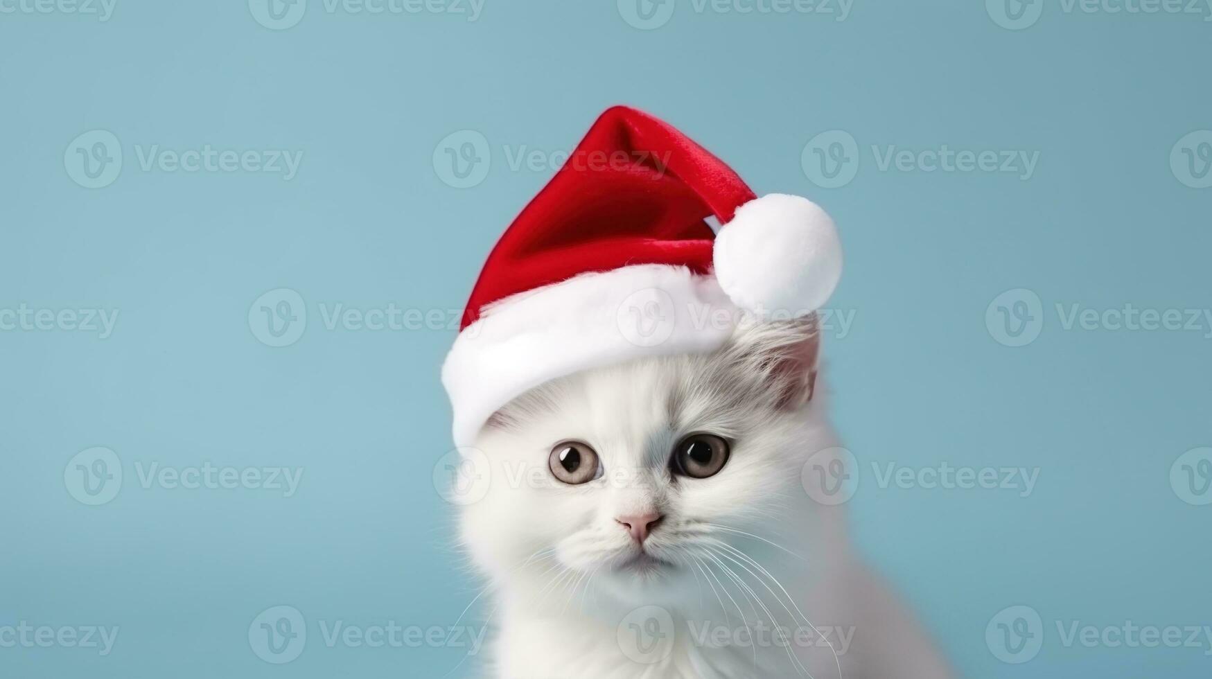 mignonne blanc chat avec Noël chapeau isolé sur le minimaliste Contexte photo