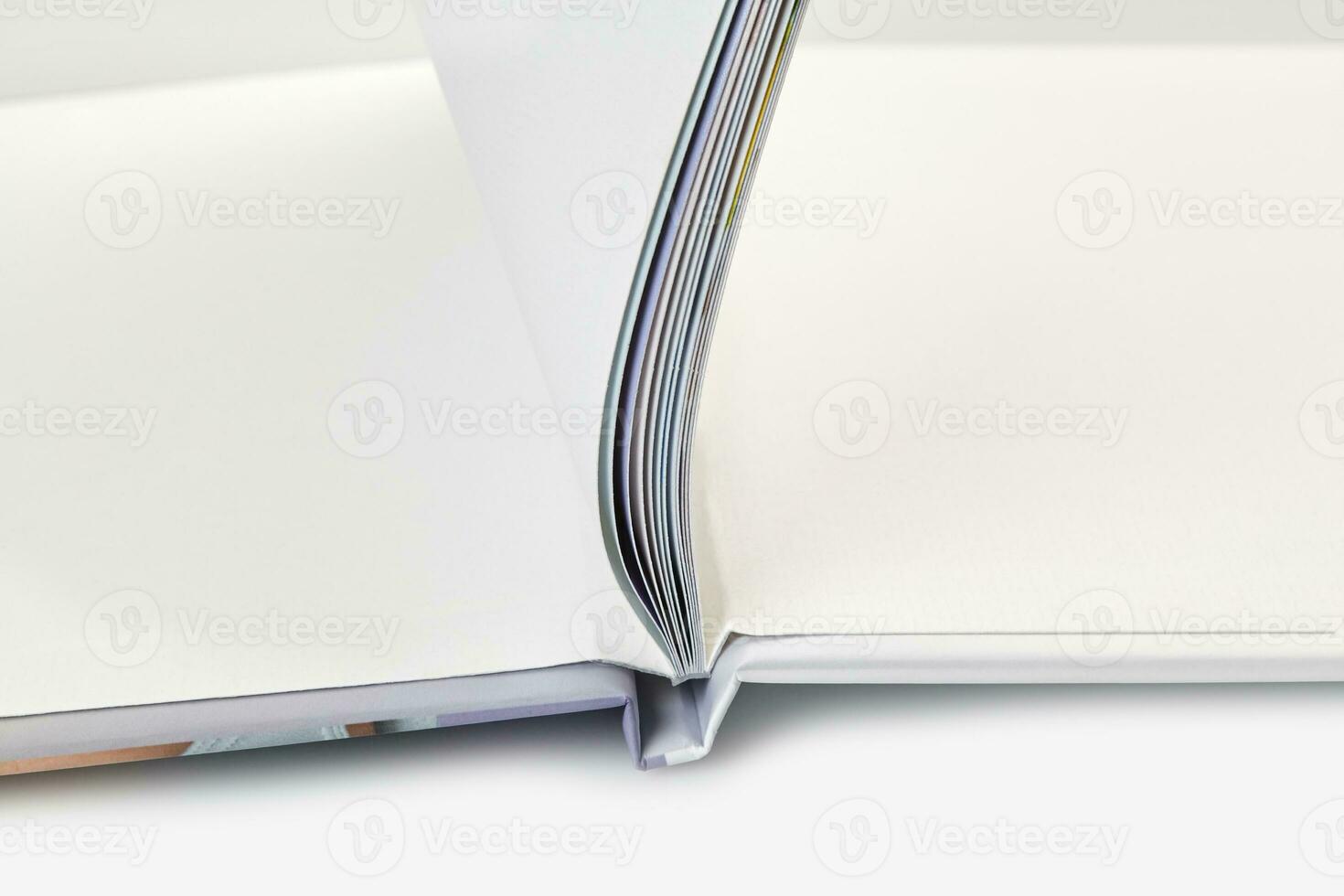 ouvert photo livre avec relié et Vide pages sur blanc studio Contexte. proche en haut, copie espace