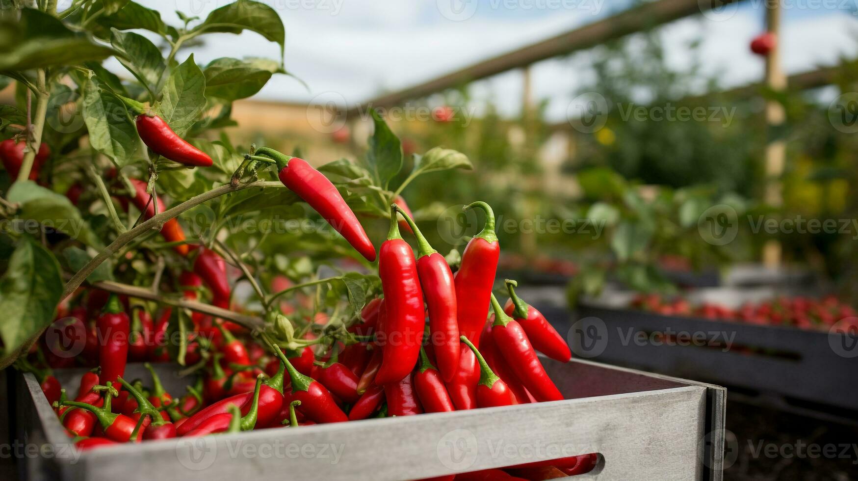 fraîchement choisi Chili poivre fruit de jardin mis dans le des boites. génératif ai photo