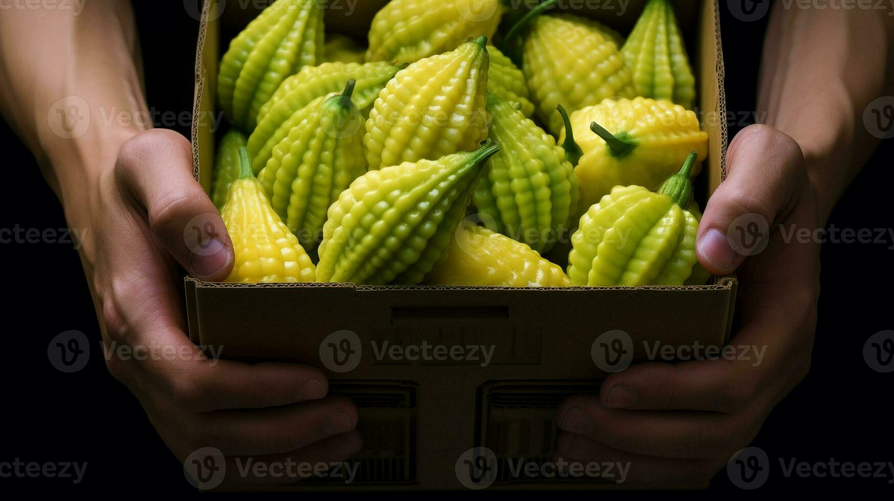 fraîchement choisi bouddhas main fruit de jardin mis dans le des boites. génératif ai photo