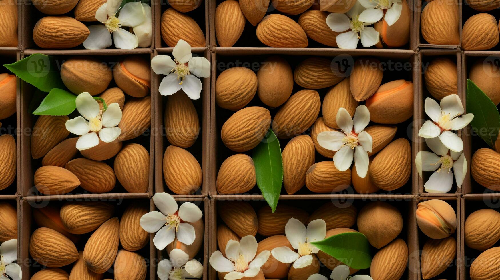 fraîchement choisi amande fruit de jardin mis dans le des boites. génératif ai photo