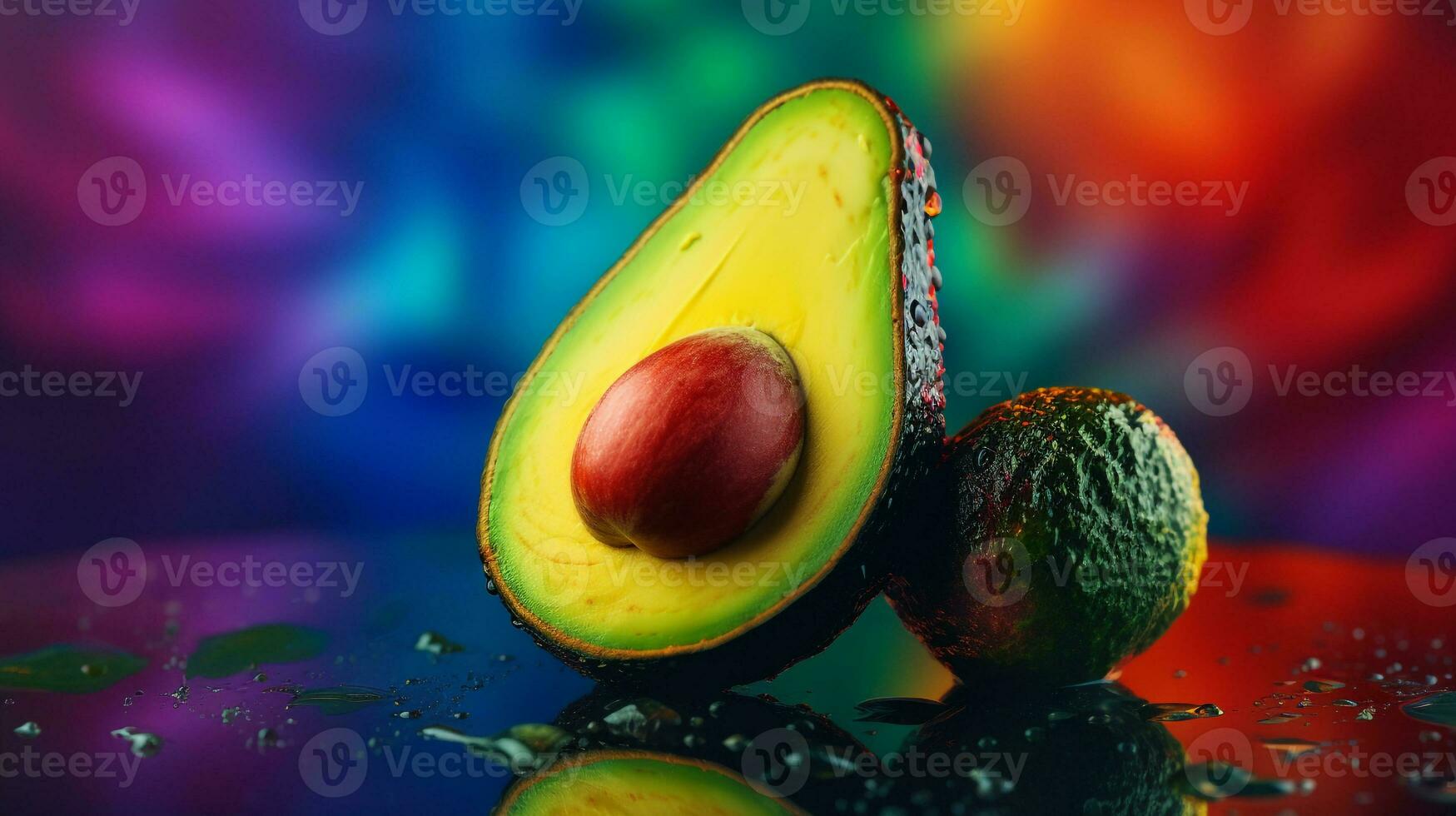 photo de Avocat fruit moitié contre une coloré abstrait Contexte. génératif ai