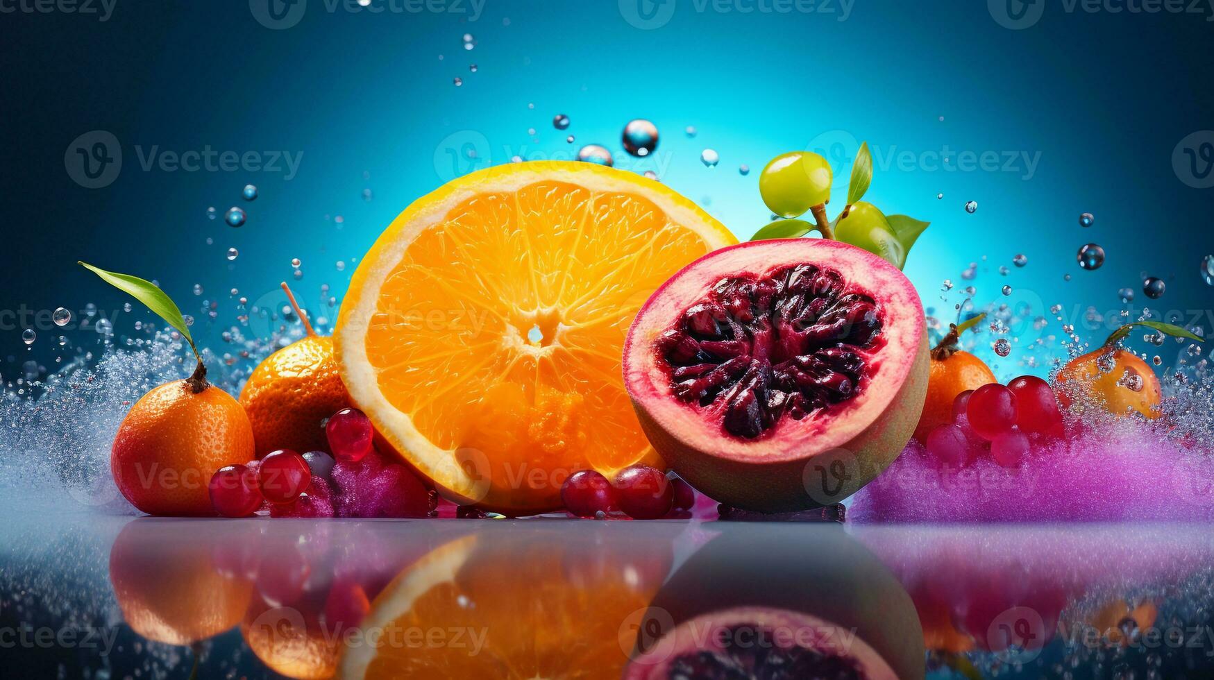 photo de rumbia fruit moitié contre une coloré abstrait Contexte. génératif ai