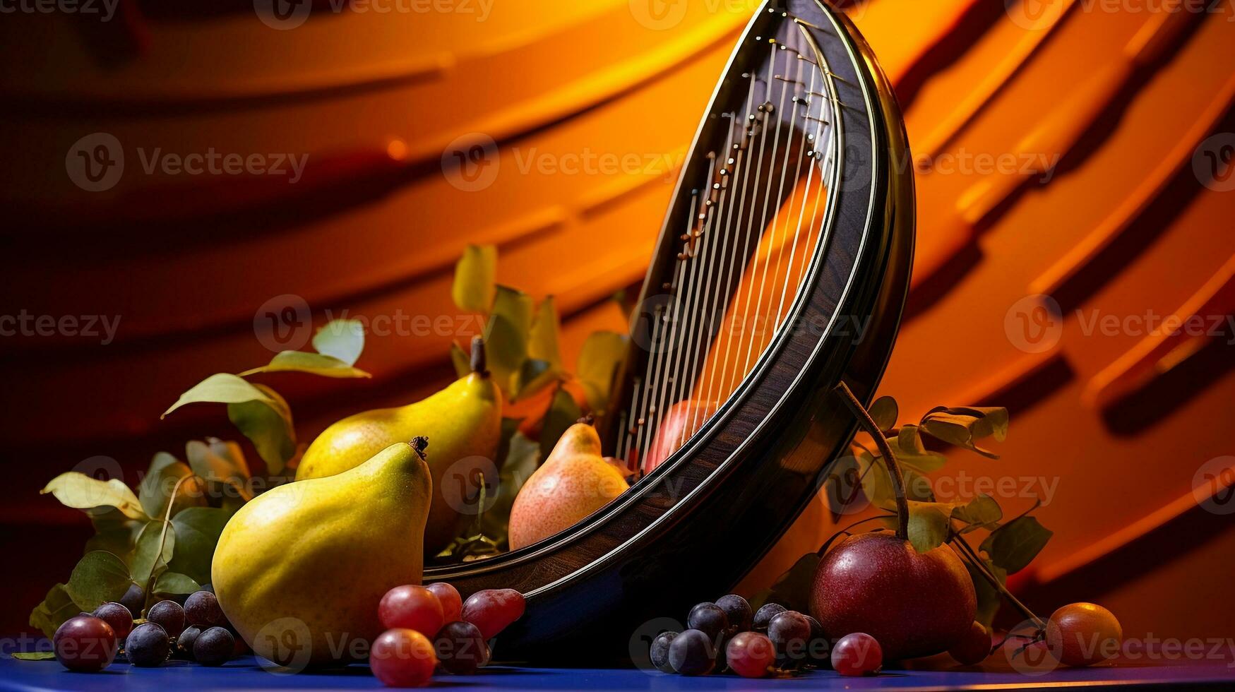 photo de lyre fruit moitié contre une coloré abstrait Contexte. génératif ai