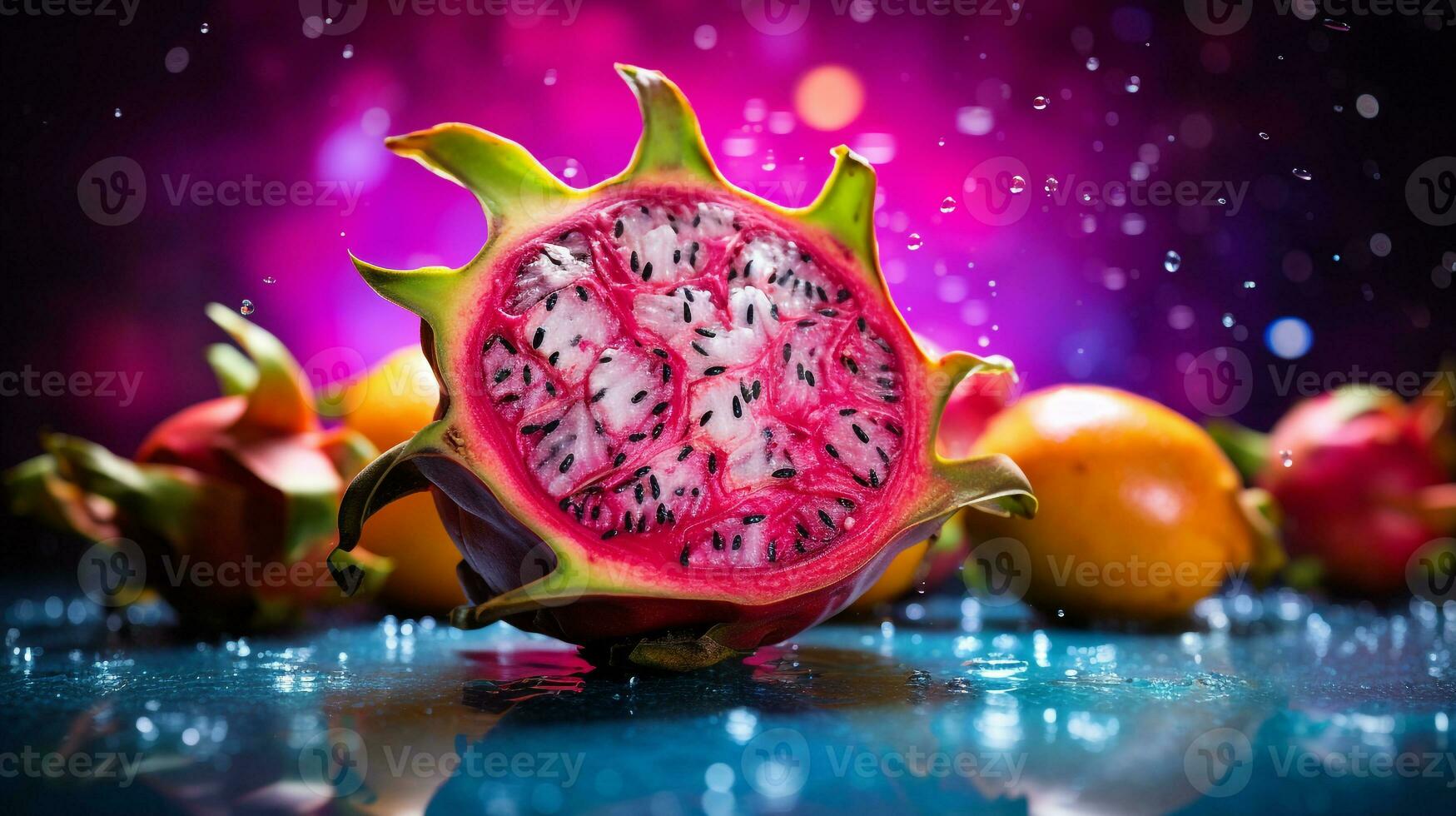 photo de pitaya fruit moitié contre une coloré abstrait Contexte. génératif ai