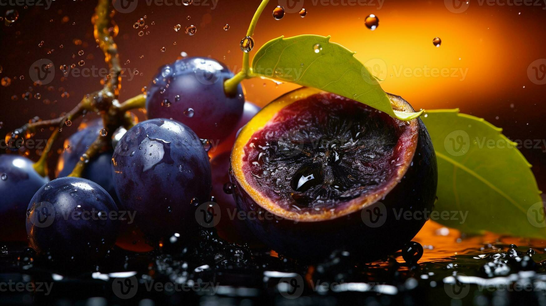 photo de jabuticaba fruit moitié contre une coloré abstrait Contexte. génératif ai