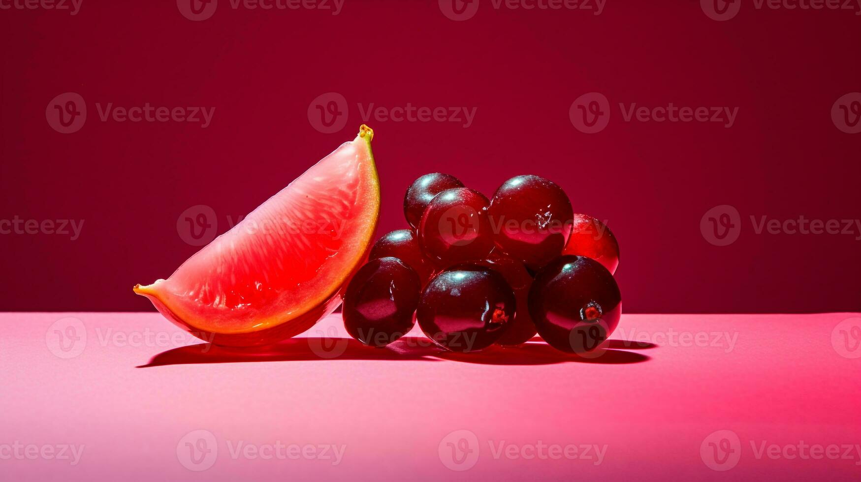 photo de canneberge fruit moitié contre une coloré abstrait Contexte. génératif ai